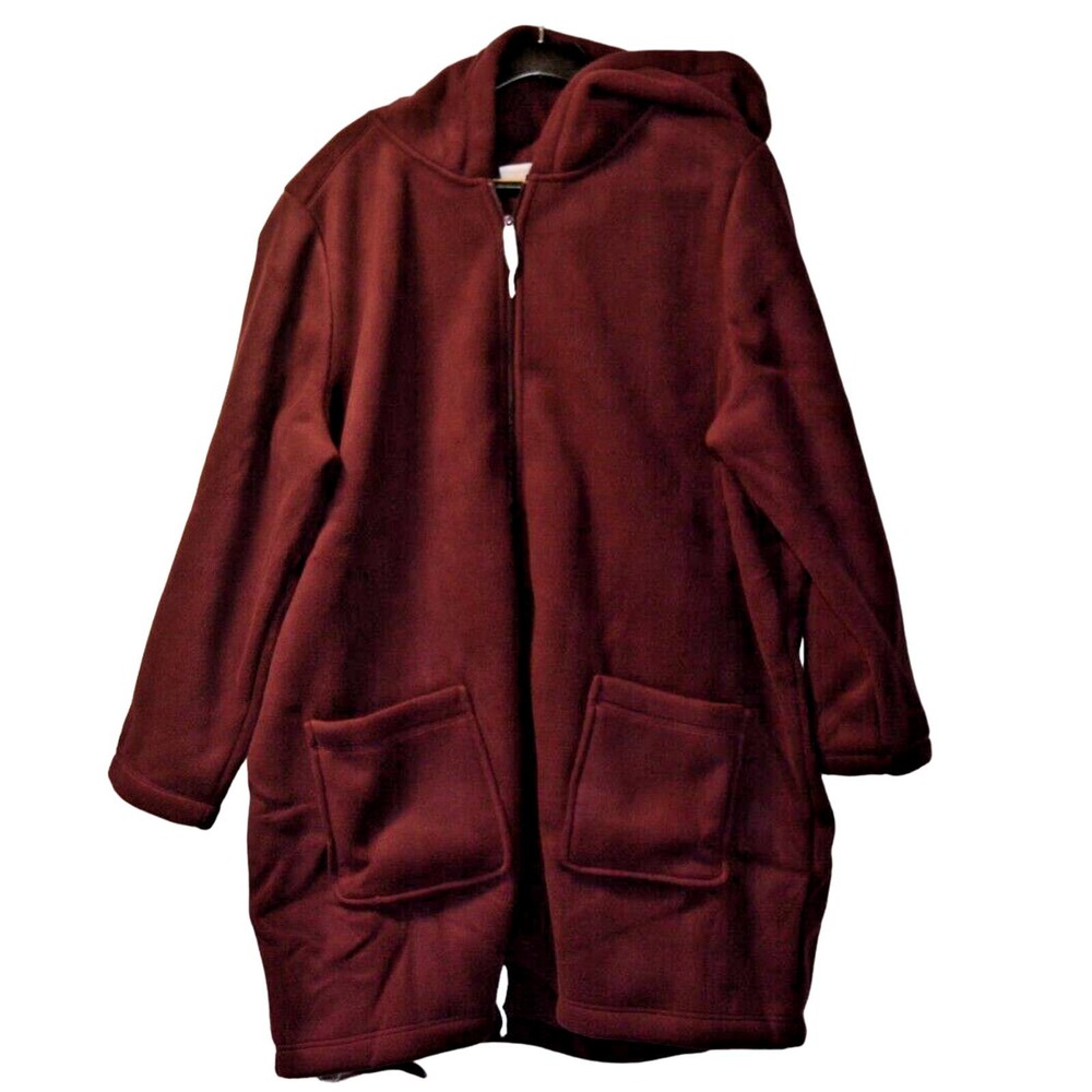 NEW Denim & Co. Fleece Zip Front Jacket with Sherpa Lining & Hood Burgundy 3x